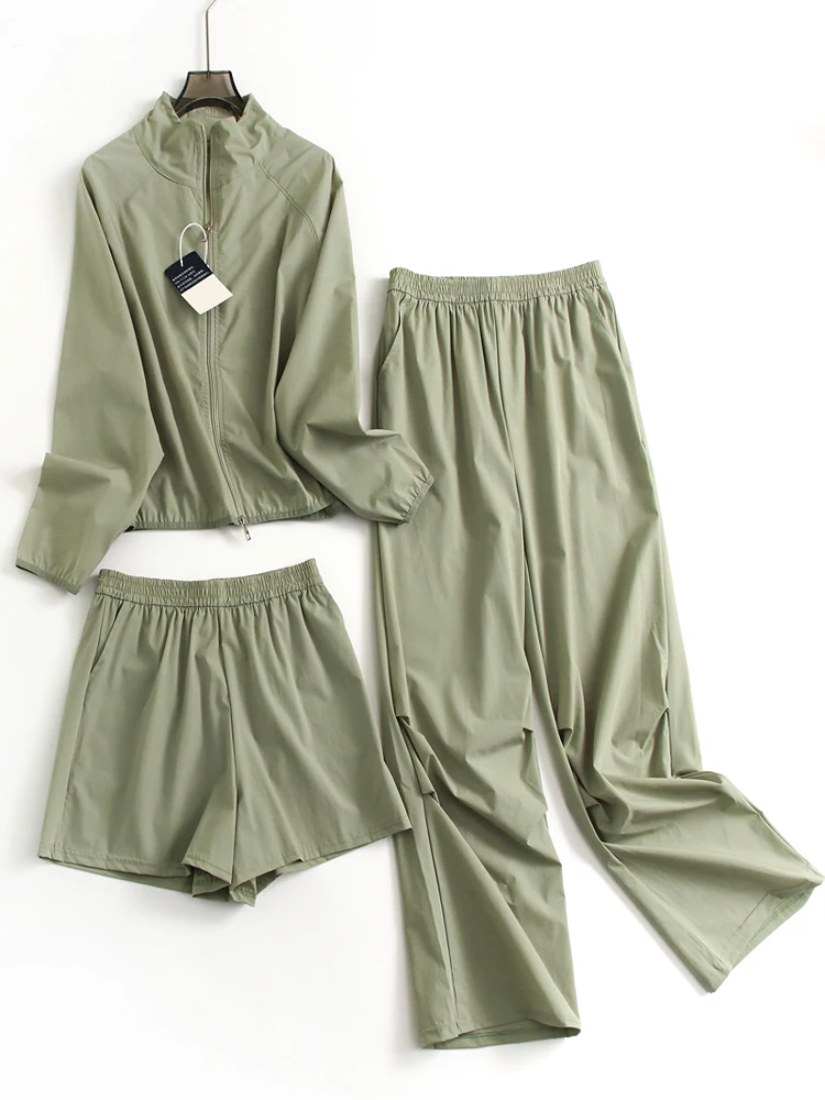 

Thin Quick Dry Breathable Zipper Casual Long Sleeve Open Cardigan Shoulder Insertion Three Piece Set Pure Color Sportswear