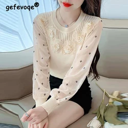 Kobiety Stylowy Nadruk Patchwork 3D Kwiat Zroszony Szykowne Dzianiny Jesień Słodki Elegancki Długi Rękaw Slim Pullover Tops Ropa De Mujer