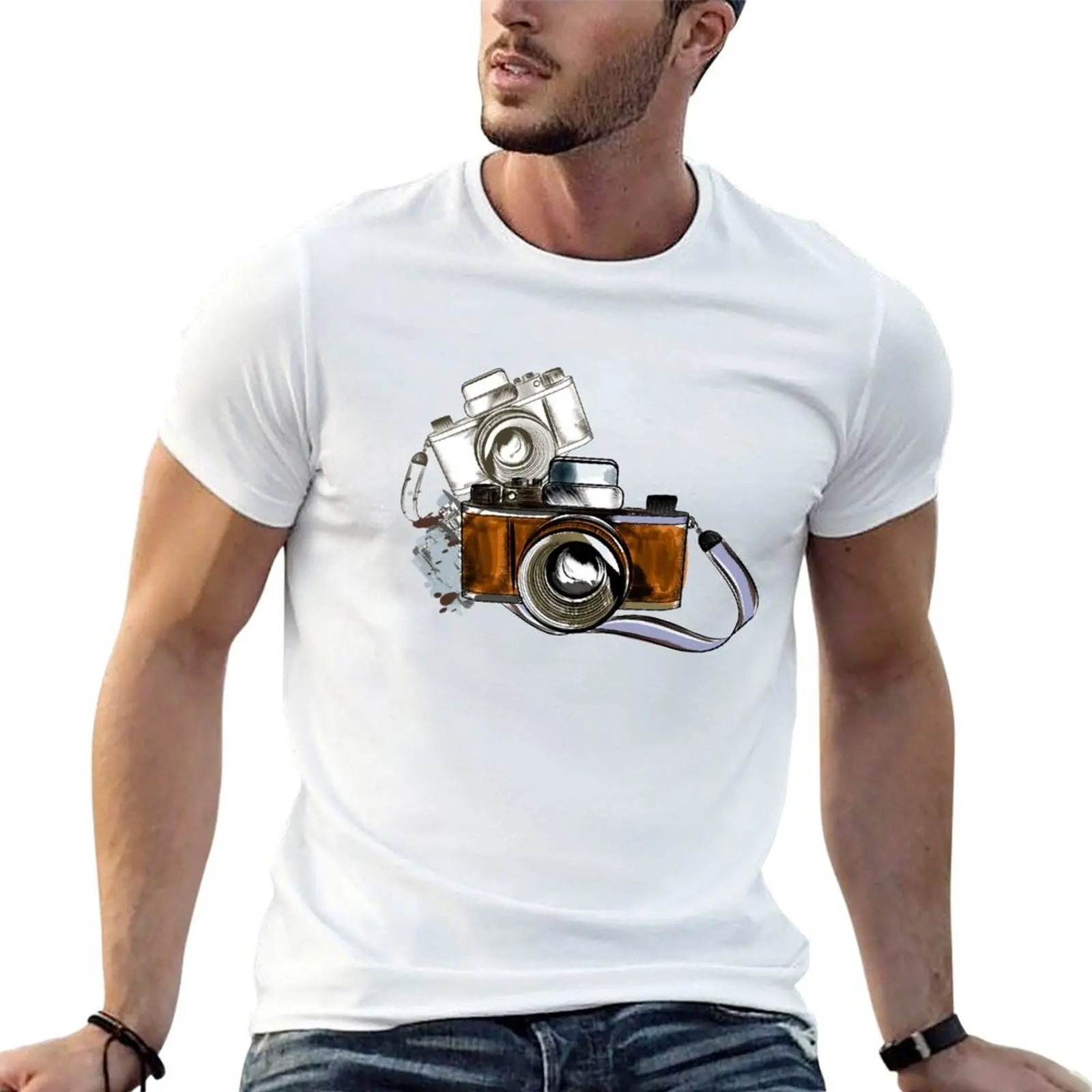 Camera with strap T-Shirt summer shirt anime figures black t-shirts for men