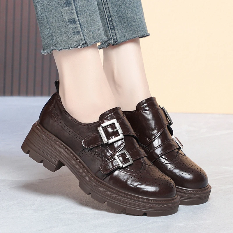 

Retro Leather Shoes Spring Autumn Women Shoes Double Buckle Design Thick Soled Slip On Loafers British Style Comfortable Casual