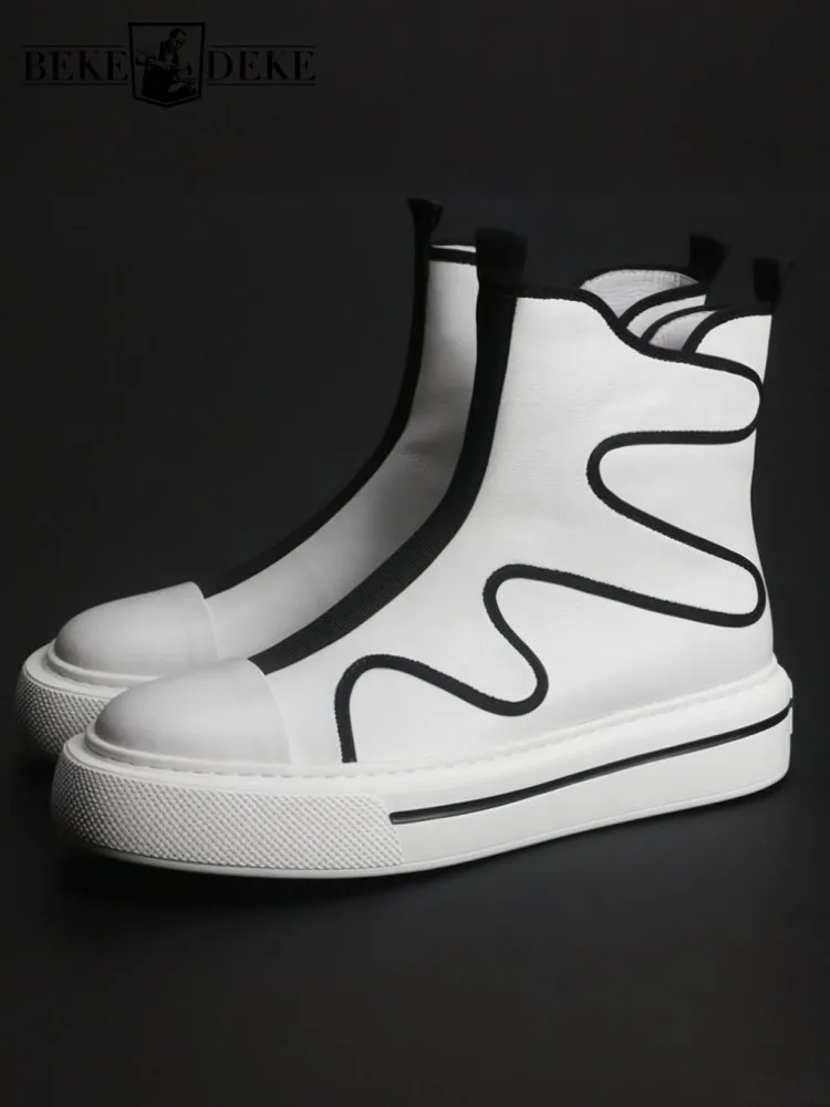 

Korean Male Handmade Genuine Leather Hard Wearing Ankle Boots Solid Color Cowhide Round Toe Zipper Platform High Top Shoes