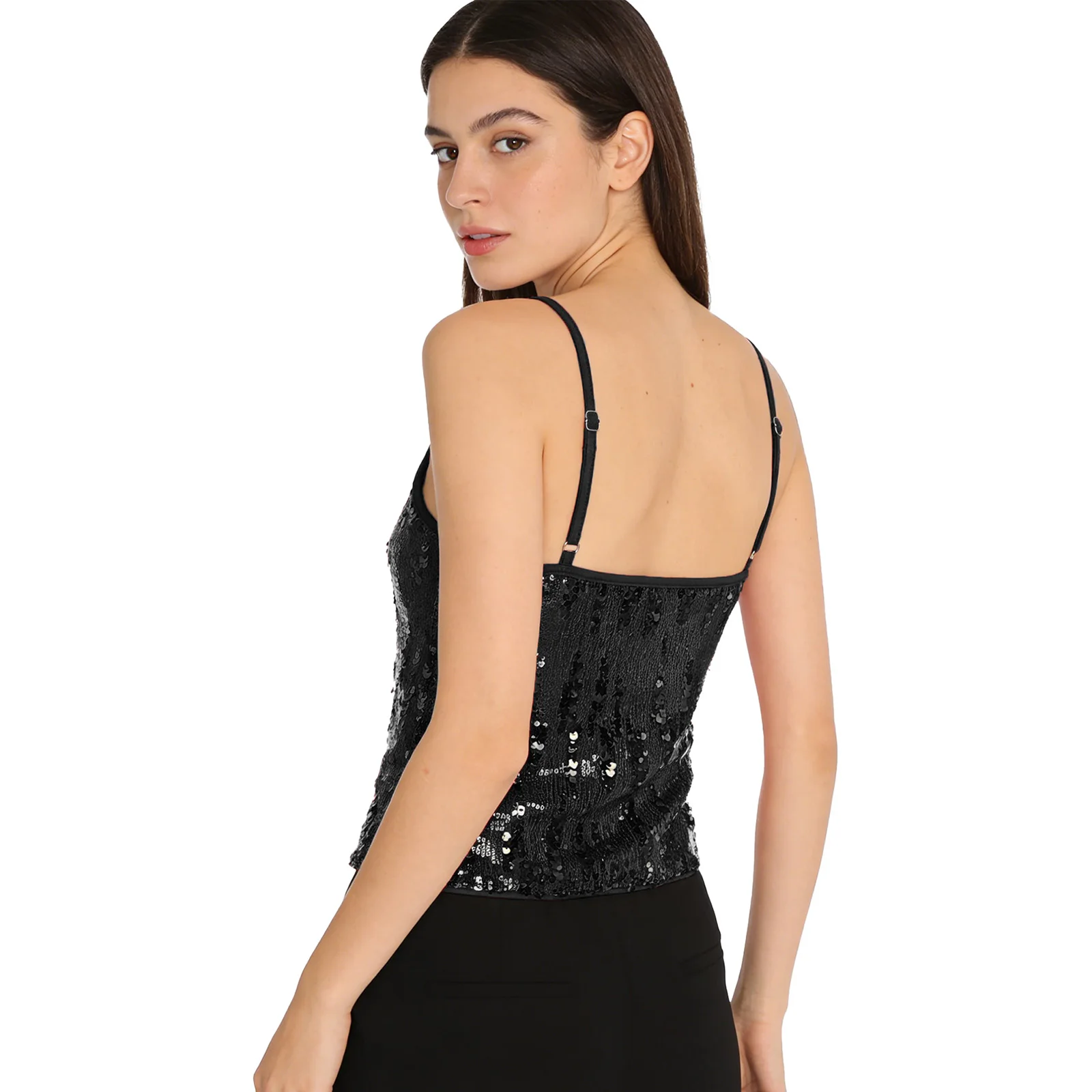Womens Allover Sequin Glittery Camisole Tops Adjustable Spaghetti Straps Crop Tank Top Stylish Vest Club Rave Party Costume