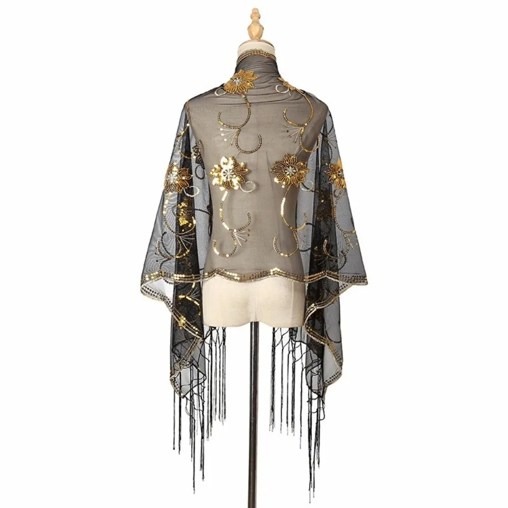 Elegant Glitter Sequins Shawls Tassel Embroidered Lace Mesh Wedding Cape Long Flower Pattern Bridal Bridesmaid Shrugs Wedding