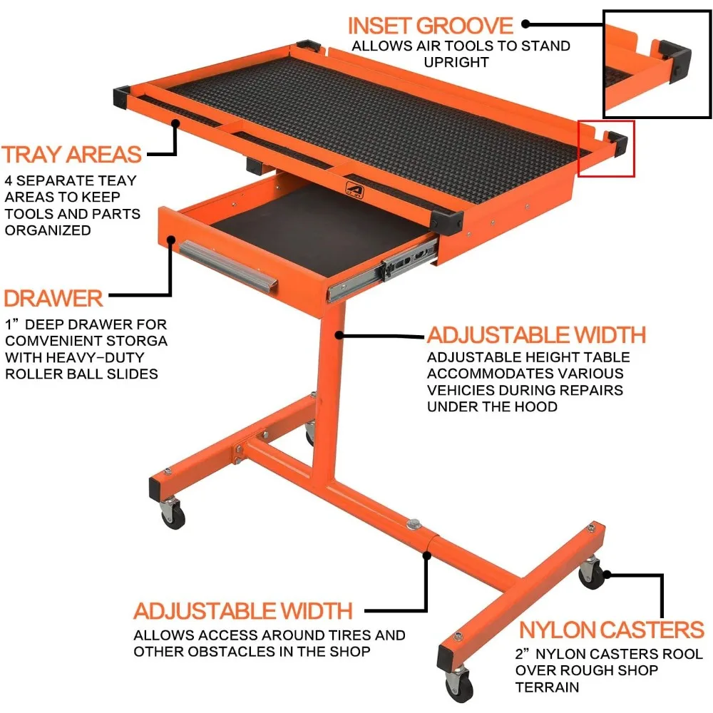 طاولة عمل A018A شديدة التحمل وقابلة للتعديل مع درج وعجلات، وصينية ميكانيكية، وطاولة أدوات دوارة متنقلة، برتقالي