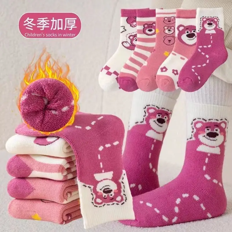 Disney cartoon lotso fofo e doce meninas outono e inverno confortável, macio e veludo quente e resistente ao frio meias de cano médio