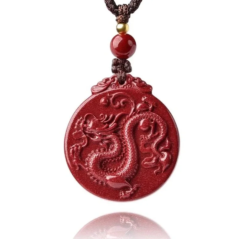 Fashion Cinnabar Jade Double Sided Carving Zodiac Dragon Pendant Necklace Jewellery Chinese Healing Man Luck Gift Sweater Chain