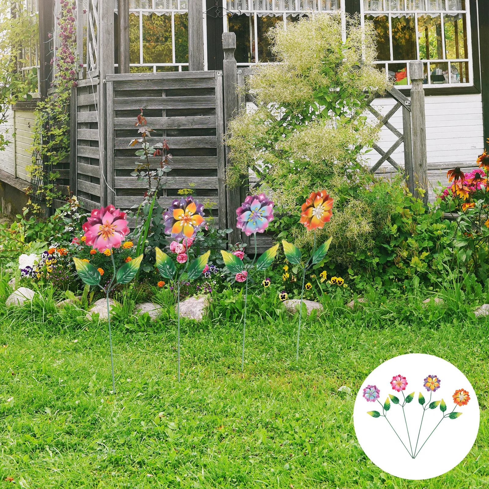 

4pcs Outdoor Iron Flower Stakes Elegant Metal Garden Sculpture For Lawn Yard Decor Weather Resistant Ground Spike Creative