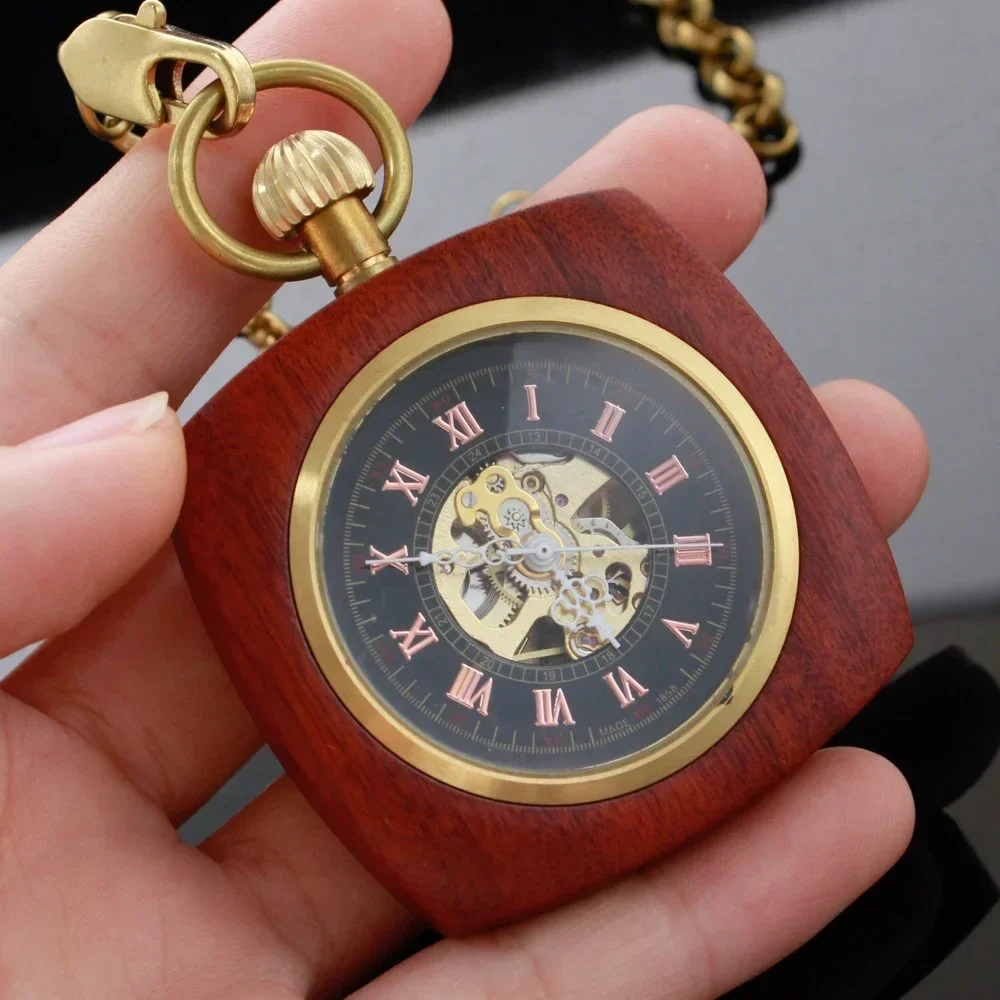 NEW Vintage Watch Hand Winding Mechanical Pocket Watch Luxury Red Wooden Design Half Hunter Pocket Clock Gifts for Men Women