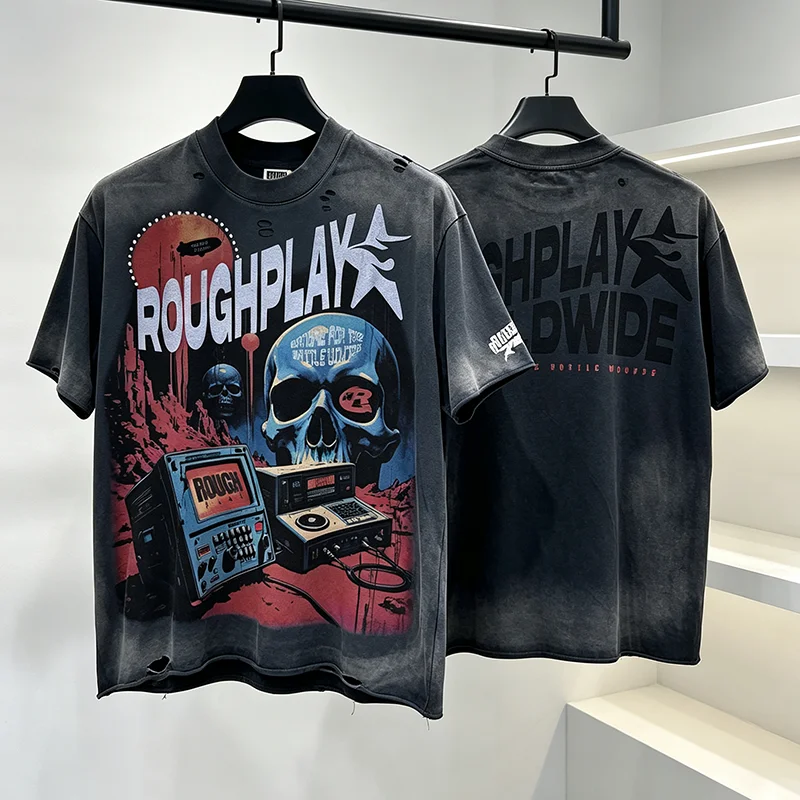 2026 Summer New Rough Play Men T-Shirt Oversized Punk Skull Planet Background Fashion Tee Top
