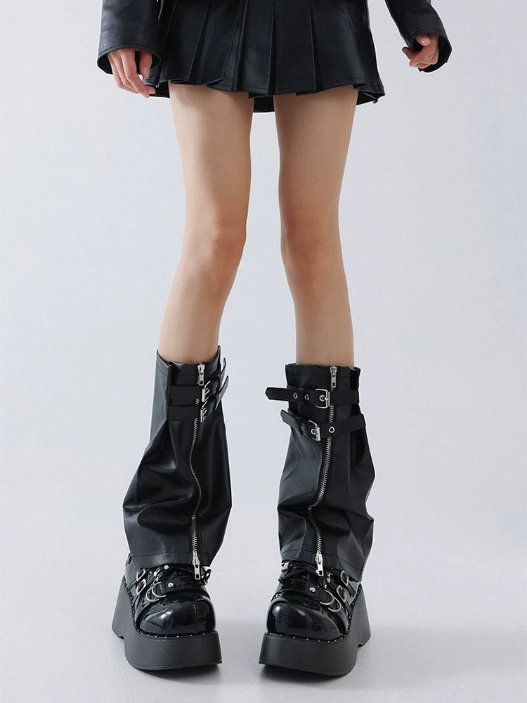REDDACHiC Irregular Zipper Leg Warmers ICON Punk Retro Leather Black Belted Long Boots Covers Harajuku Grunge Emo Women Clothes view 5