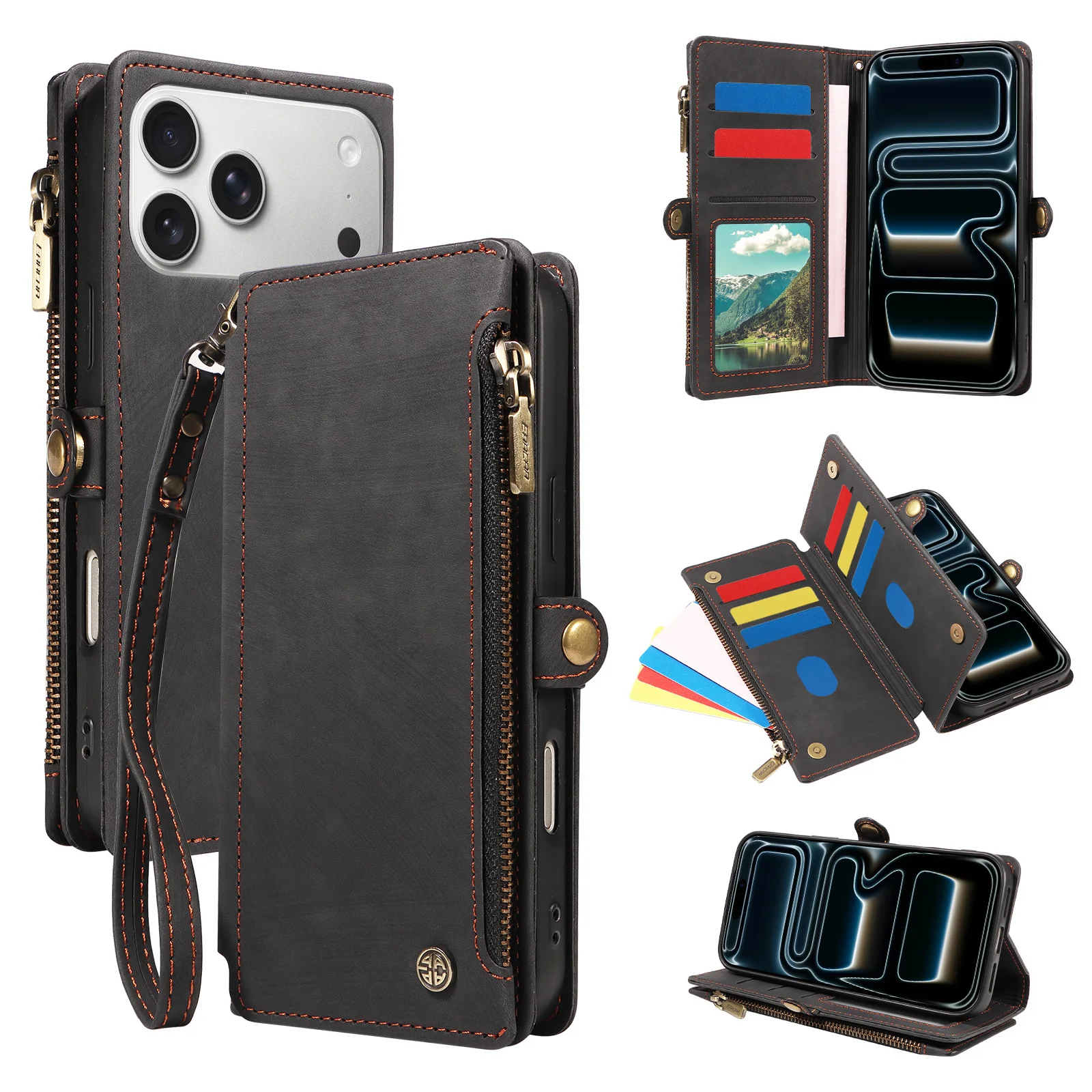 PU-Leder Handyhülle für iPhone 17e 16 15 14 13 12 11 Pro Max Plus Mini mit Kartenfächern, magnetischem Flip und RFID-Blockierung als Brieftaschenhülle