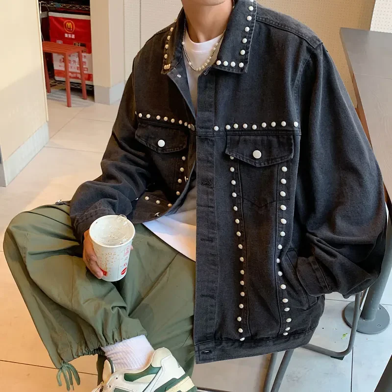 New Spring 2026 Hip Pop Black Jeans Jacket Men Streetwear Fashion Vintage Pearl Beading Long Sleeve Denim Jackets for Men