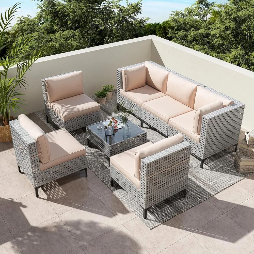 

7-Piece Outdoor Patio Furniture Set, All-Weather Rattan Sectional Sofa with Thick Cushions, Modular Conversation Set for Poolsid