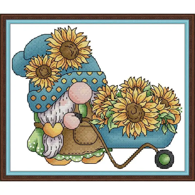 

Maydear Cross Stitch Kit, 11CT/14CT/16CT/9CT Aida Fabric,DMC Threads Sewing Pattern Embroidery Set-Gnome with Sunflowers