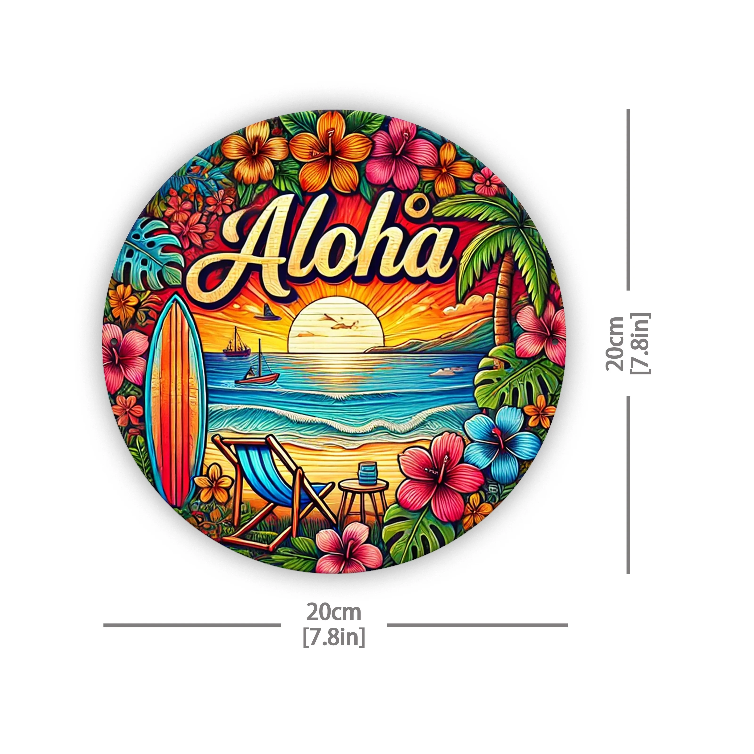 1 Piece, Hawaiian Aloha Greeting Sign, Round Metal Aluminum Wall Art, Beach-Themed Welcome Door Decoration, Holiday Artwork, Wreath C