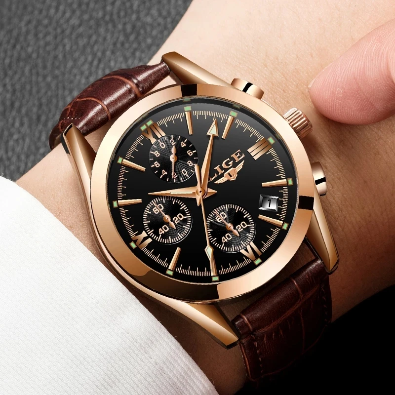 LIGE New Fashion Mens Watches Top Brand Luxury Military Quartz Watch Premium Leather Waterproof Sport Chronograph Watch for Men