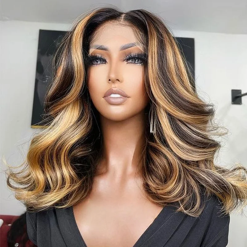 Brown Highlight Blonde Wig Short Wave T Part Lace Front 100%  Hair Wig Lady