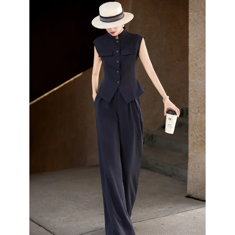 MEXCOCO 2026 Summer New Commuter Two Piece Outfit Stand Collar Sleeveless Button Vest High Waist Wide Leg Pants Suit