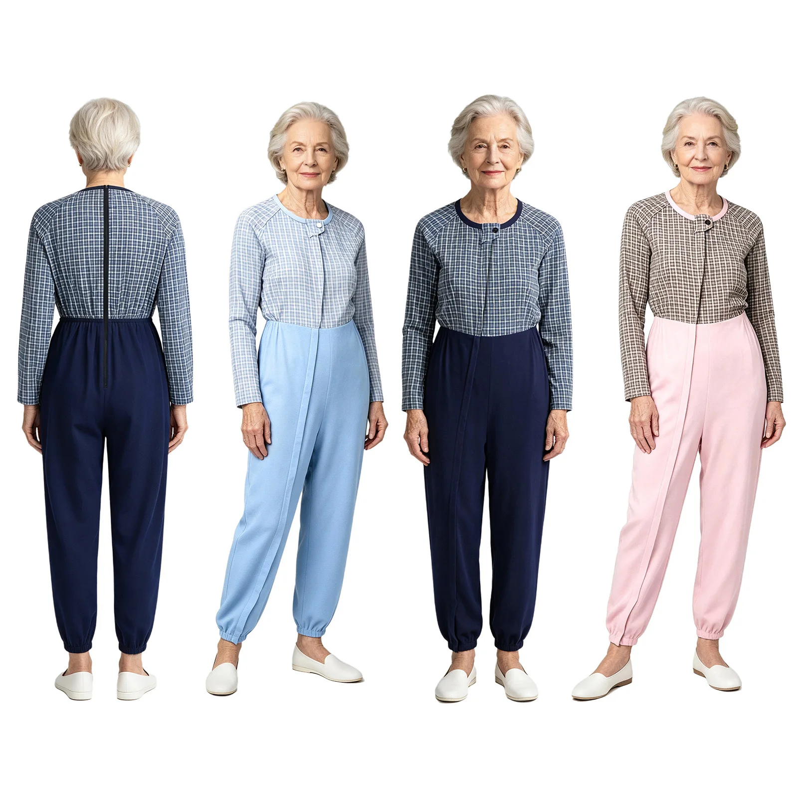 Women Long Sleeve Alzheimer Jumpsuit Front Full Invisible Zipper Plaid Patchwork Bodysuit for Dementia Elderly Special Needs