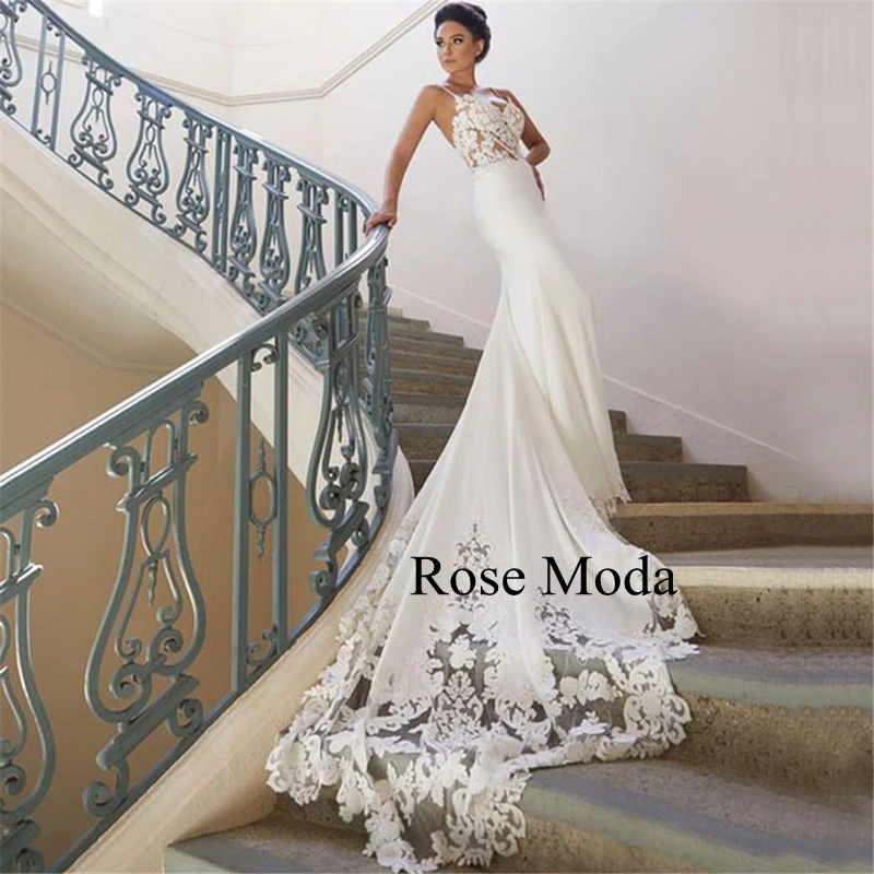 Rose Moda Thin Straps Mermaid Wedding Dress with Lace Cut Out Train