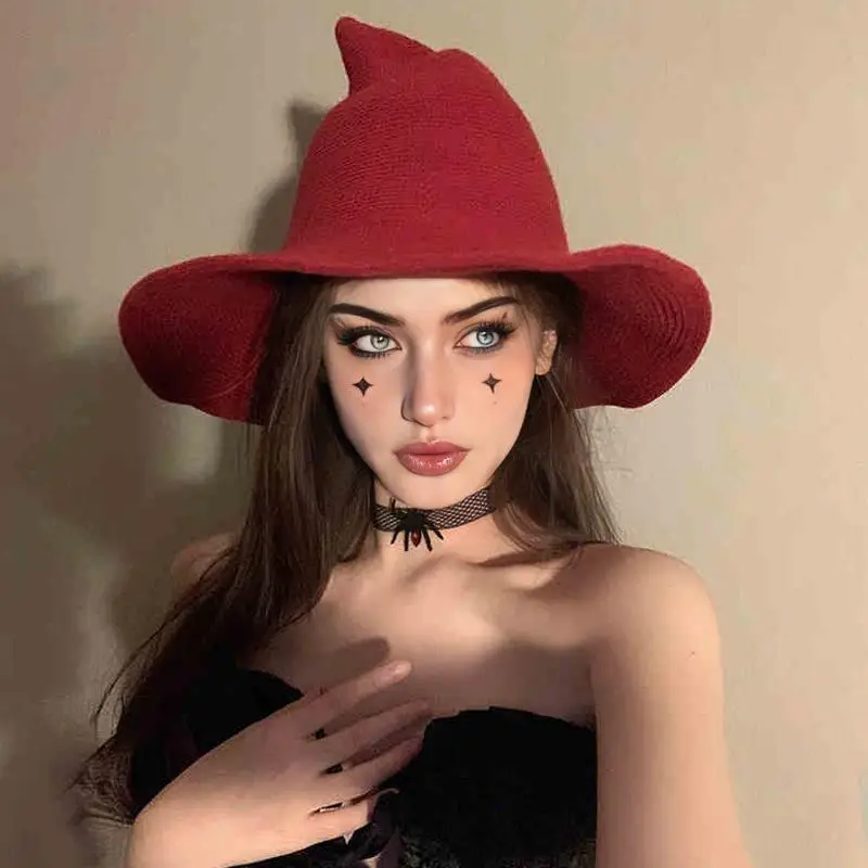 Halloween-Hexenmütze aus Strick, spitze Form, Baumwollgarn, Cosplay-Kostümzubehör, faltbarer Zaubererhut für Mädchen. – Detail 5