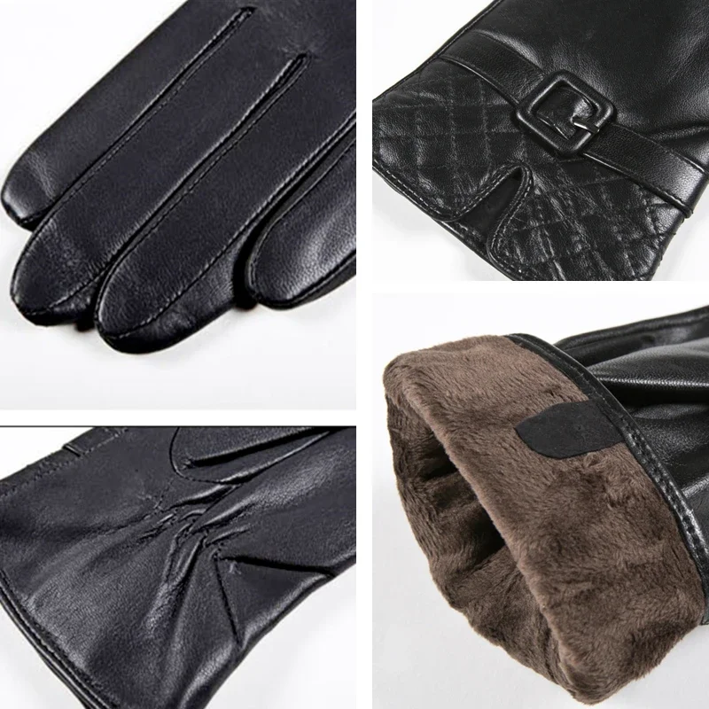 GOURS Winter Real Leather Gloves Women Black Genuine Goatskin Gloves Fleece Lining Warm Driving Fashion Belt Design New GSL016