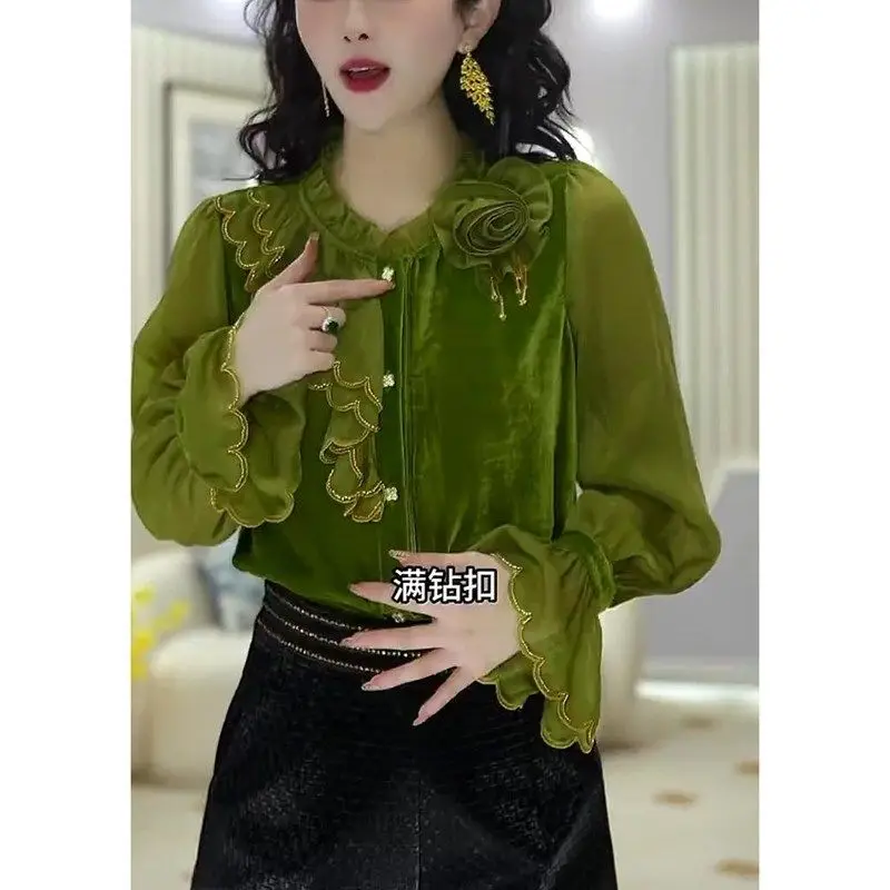 Autumn Women Atmosphere Salt Series Fashion Art Series Full Diamond Buckle Gold Sprout Green Top Wide Pine Forest Series Pure