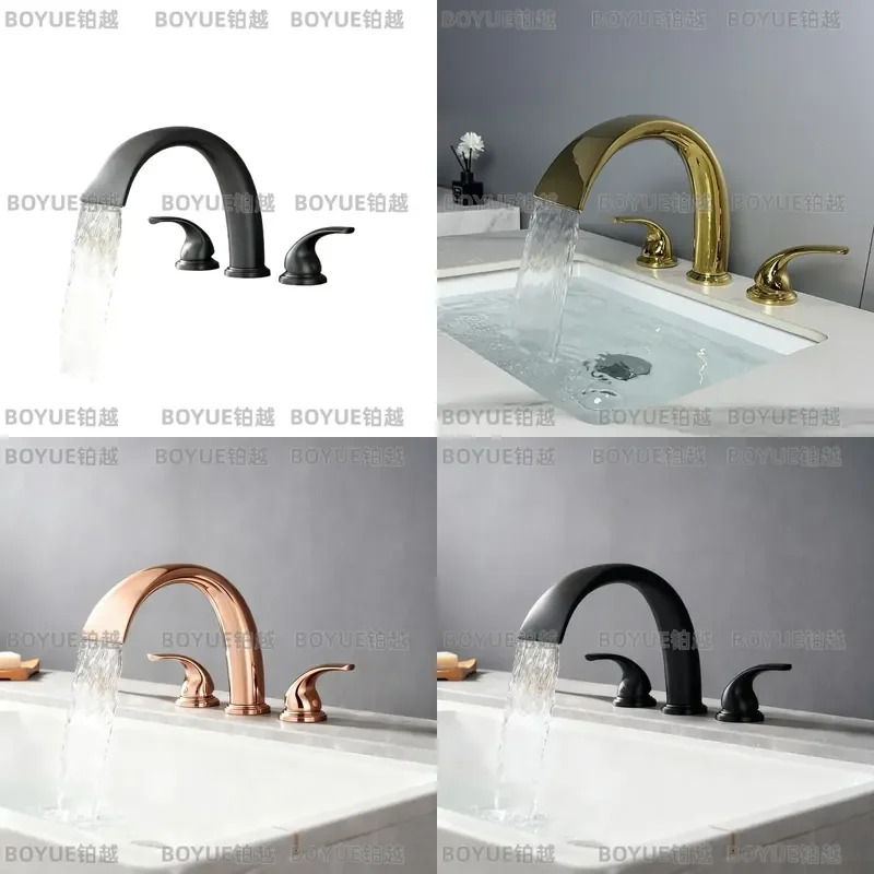 Luxury Gold Brass Bathroom Sink Faucet Nordic Style Hot Cold Water Mixer Tap Three Hole Split Design Washbasin Faucet Set