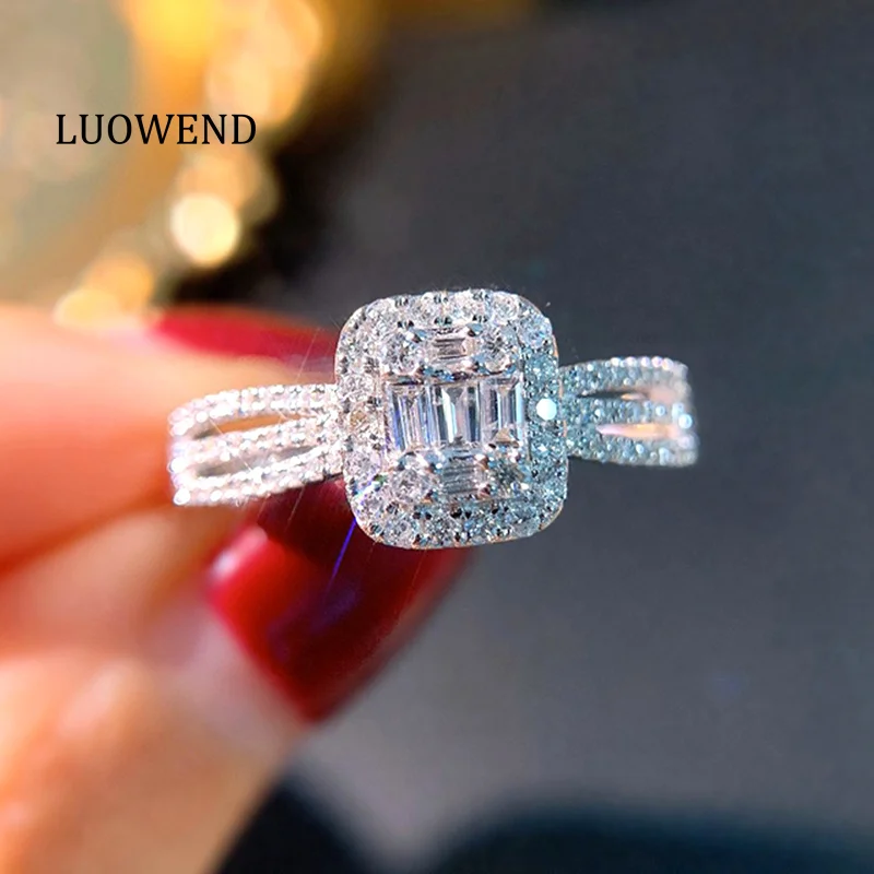 

LUOWEND 100% 18K White Gold Rings Fashion Square Shape 0.50carat Real Natural Diamond Engagement Ring for Women Fine Jewelry