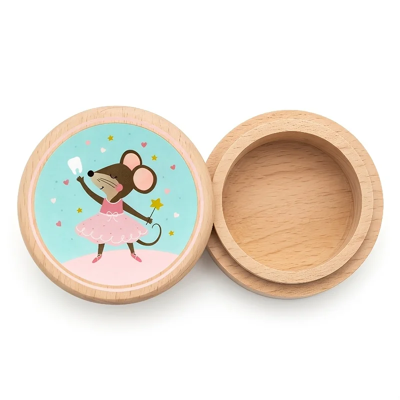 Cartoon Mouse Tooth Pattern 2D Wooden Tooth Keepsake Box Umbilical Cord Box Tooth Fairy Hospital Tag Storage Baby Teeth Gift