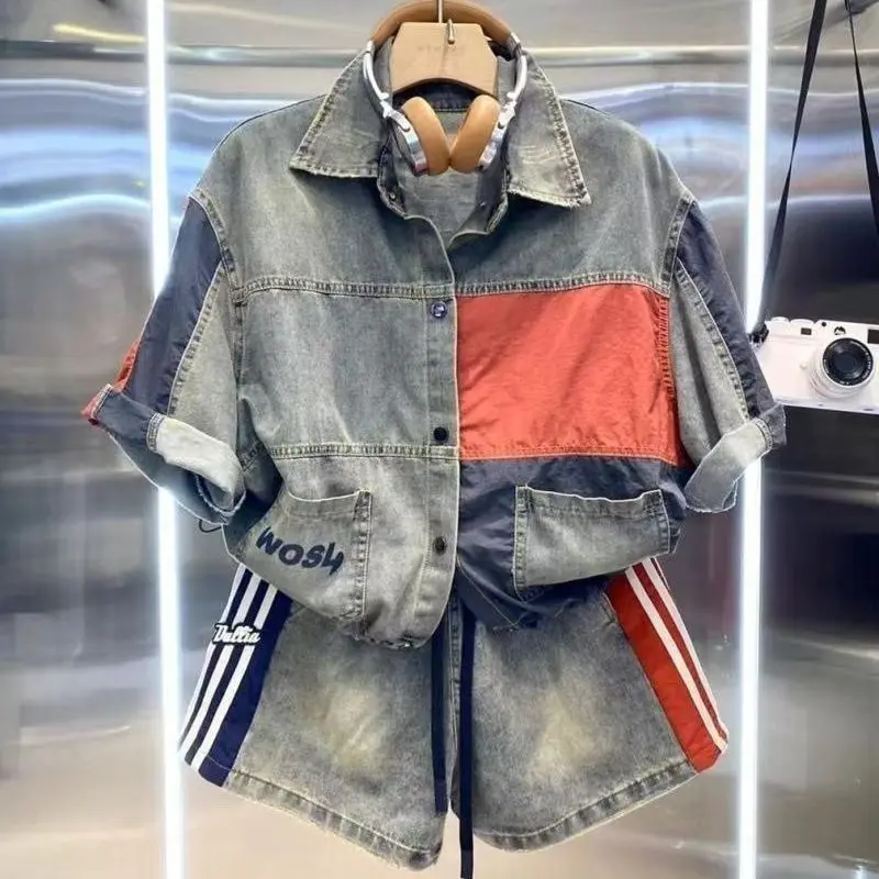 

Summer New Women's Fashion Casual Versatile V-neck Short Denim Shirt Double Breasted Denim Skirt Suits Outfits