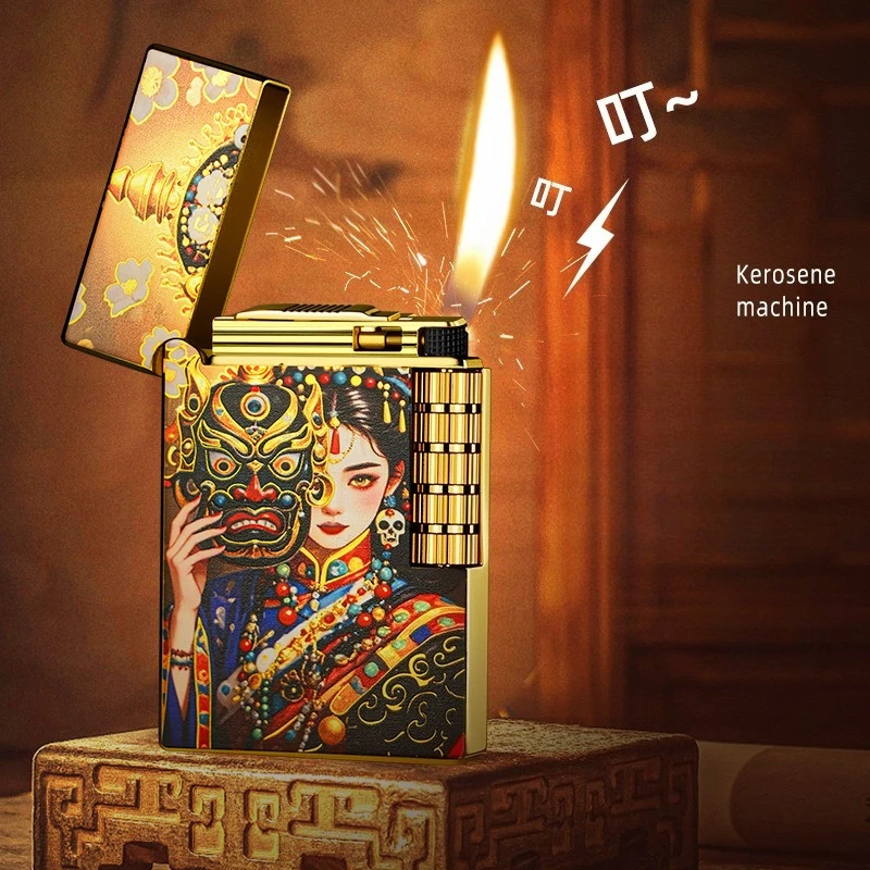 New Style Gilt Enamel Color Printing Loud Sound Oblique Flame Open Flame Grinding Wheel Lighter Inflatable Point Pipe Lighter