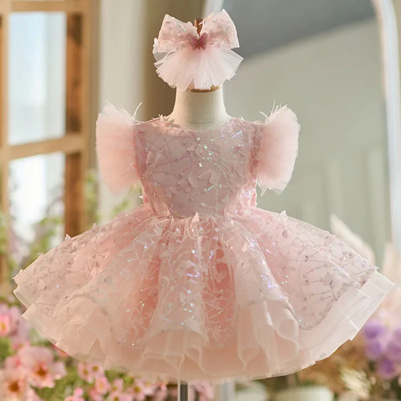 

Girls Tulle Dress with Butterfly Sequins Puff Sleeves Headband Set Formal Party Wedding Flower Girl Birthday Costume