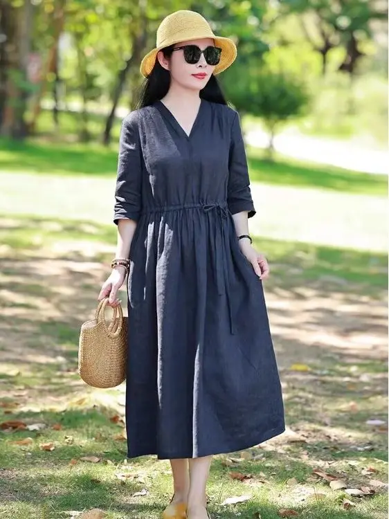 

Sweet Summer Loose Long Casual Dress with Belt Cotton Material Short Sleeve Breathable Skin-friendly Side Zipper for Girls
