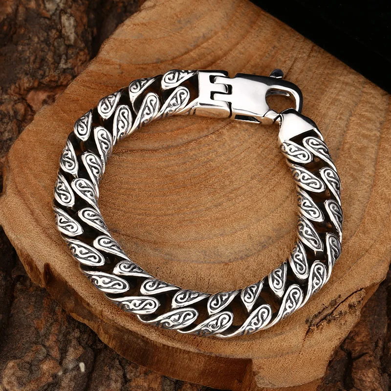S925 Sterling Silver Punk Style Cuba Bracelet 12mm Old Process 20CM Heavy Body Fine Jewelry FYBT126
