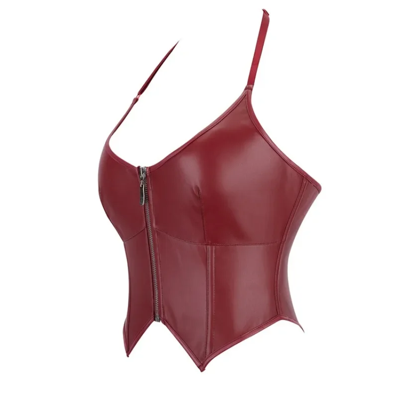 Women Sexy Gothic Faux Leather Corset Crop Top Steampunk Overbust Lace Up Zipper Waist Trainer Bustier Slimming Body Shaper