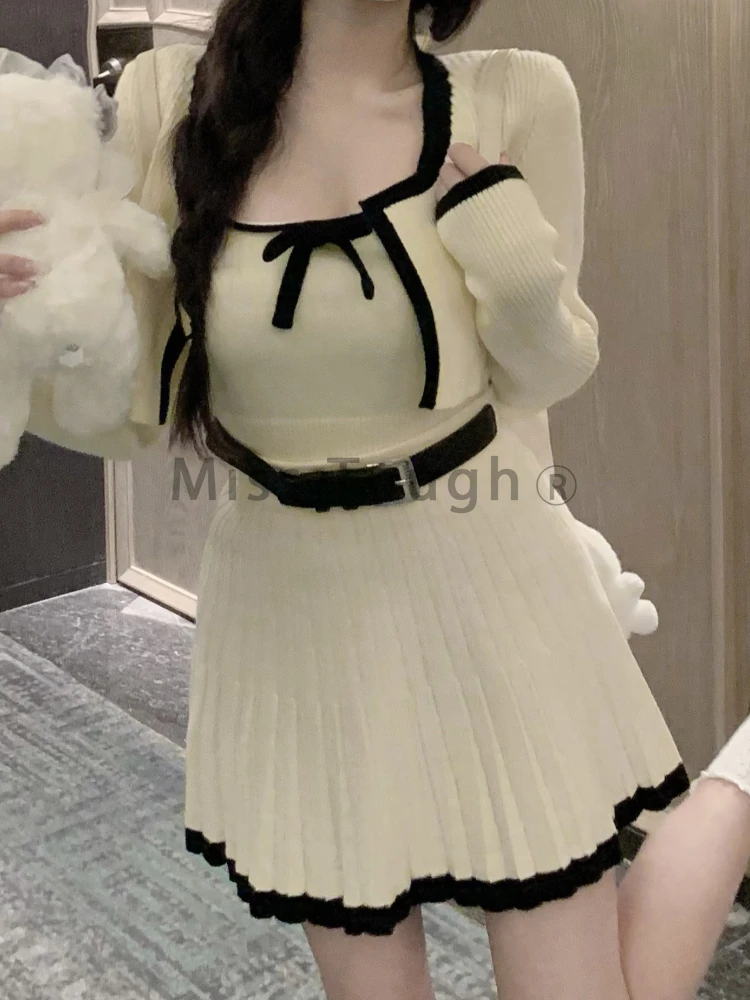 Winter Kawaii Vingate 3 Piece Set Women Elegant Bow Knitted Skirt Suit Female Korean Fashion Casual White Sweater Set 2023 New