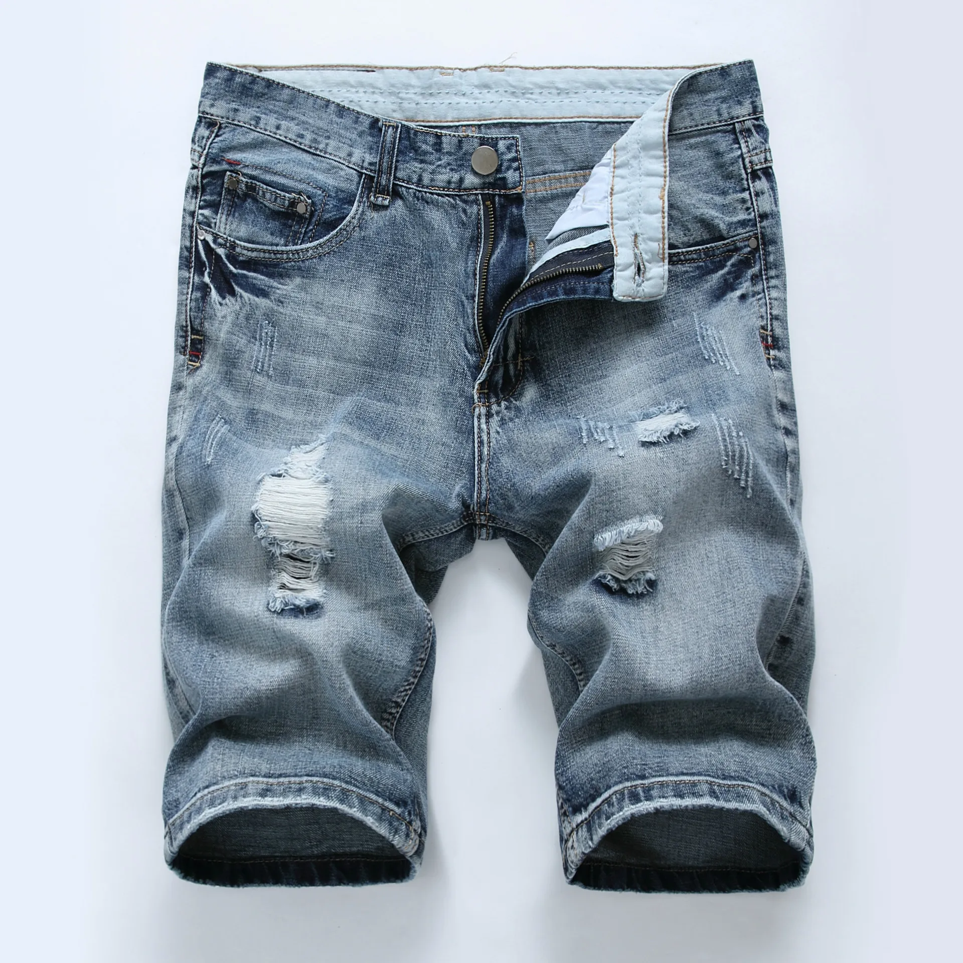 

Men's Denim Shorts Brand Quality Elastic Puncture Edge Grinding Slim fit Distressed Washed Spring Summer