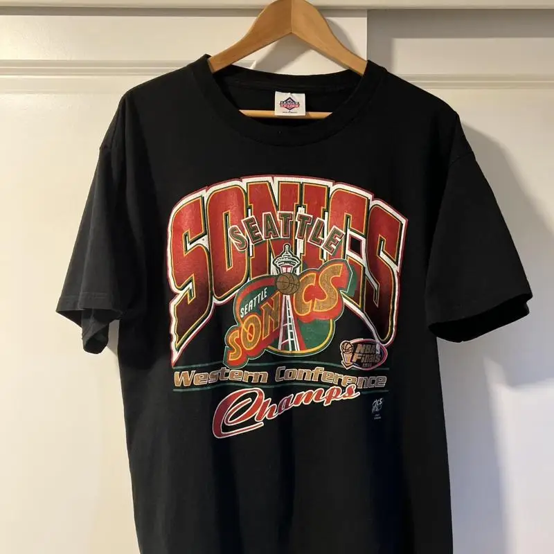 Vtg Seattle Supersonics 90S Logo Champs T Shirt Black Tee Basketball Team