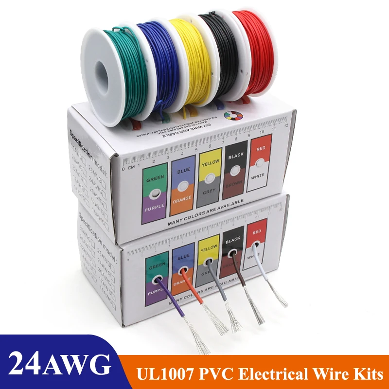 24AWG UL1007 Electronic Wire PVC Insulation Tinned Copper Cable Stranded Electrical Line PCB Wire（5 Colors Mix Kit）