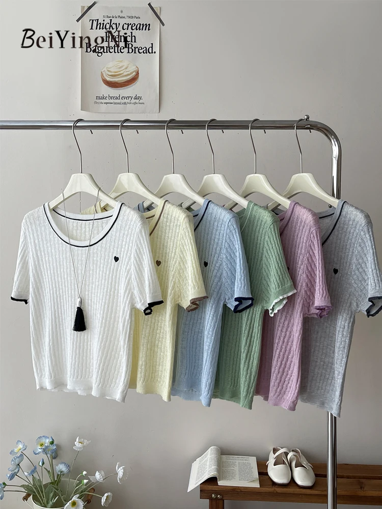 

Beiyingni Korean Casual T-shirts Female Knitwear Heart Embroidery Twist French Women Tops Chic Streetwear Slim Retro Tee Shirts