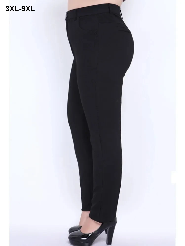 

Женские черные брюки 9XL 8XL размера плюс Slim Fit с высокой талией 140 кг, толстые эластичные офисные женские брюки-карандаш, женская большая одежда