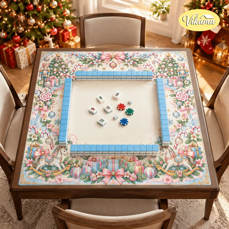 VIKAMA Christmas Pink Bow Mahjong Table Mat Non Slip Washable Game Table Cover for Living Room Family Game Night Holiday Gift