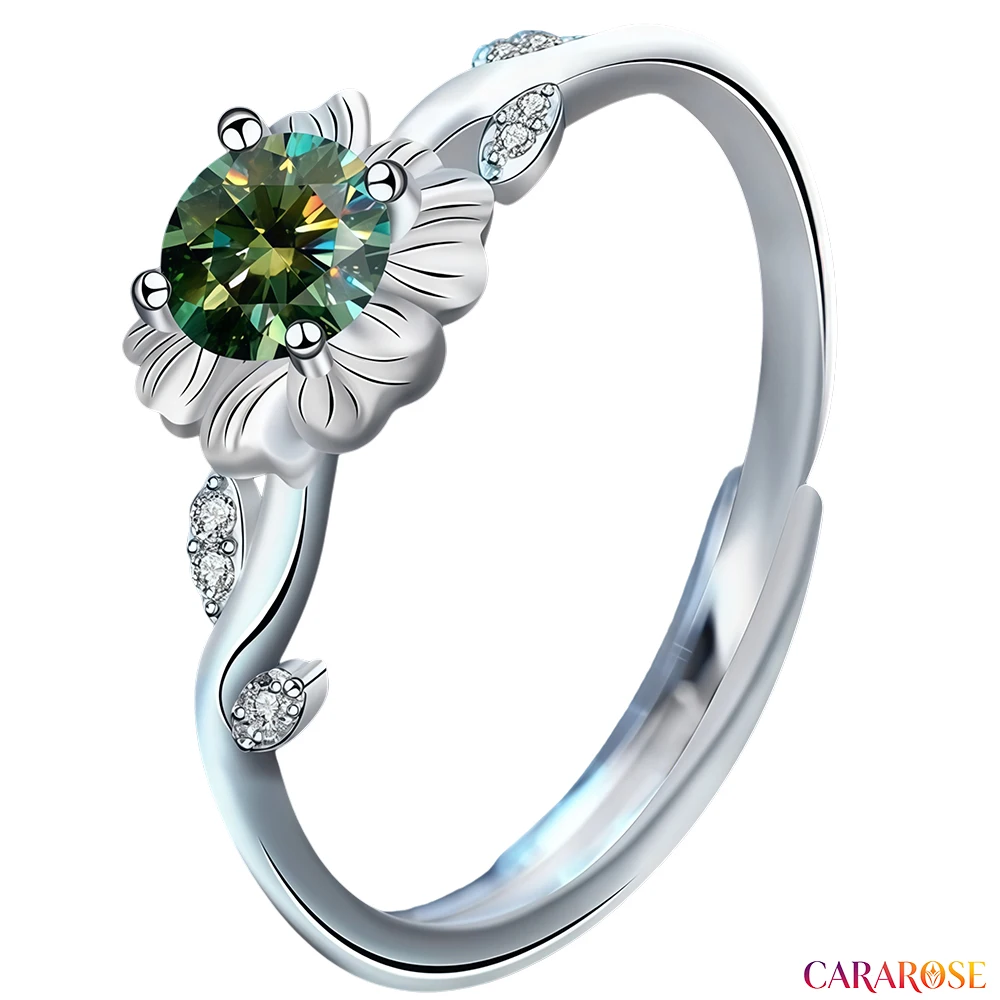 CARAROSE S925 Sterling Silber süßer romantischer Sonnenblumen-Moissanit-Ring mit 50 Punkten für Damen, edler Schmuck