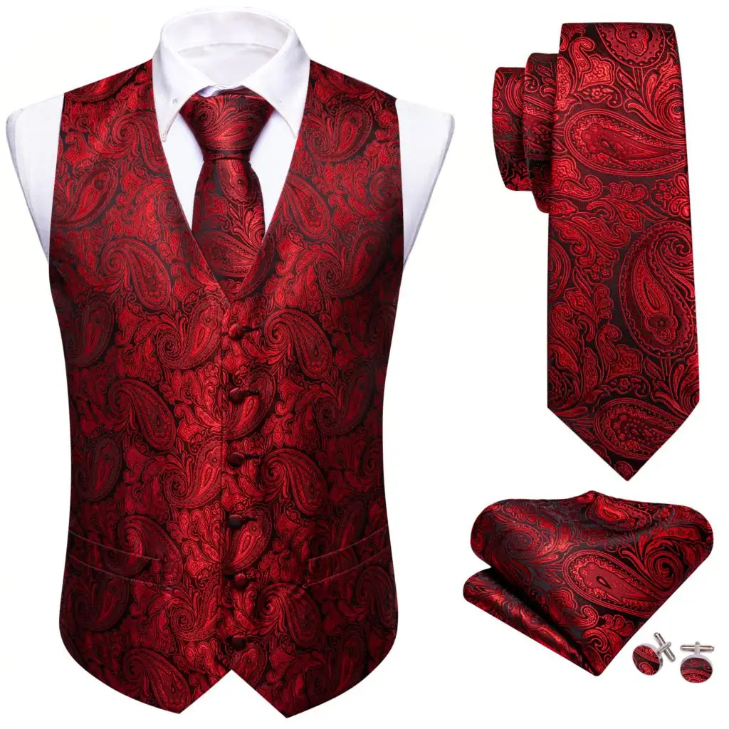 Luxury Silk Red Black Paisley Men's Vest Embroidered Slim Fit Waistcoat Necktie Set Wedding Fomal Male Suit Barry Wang