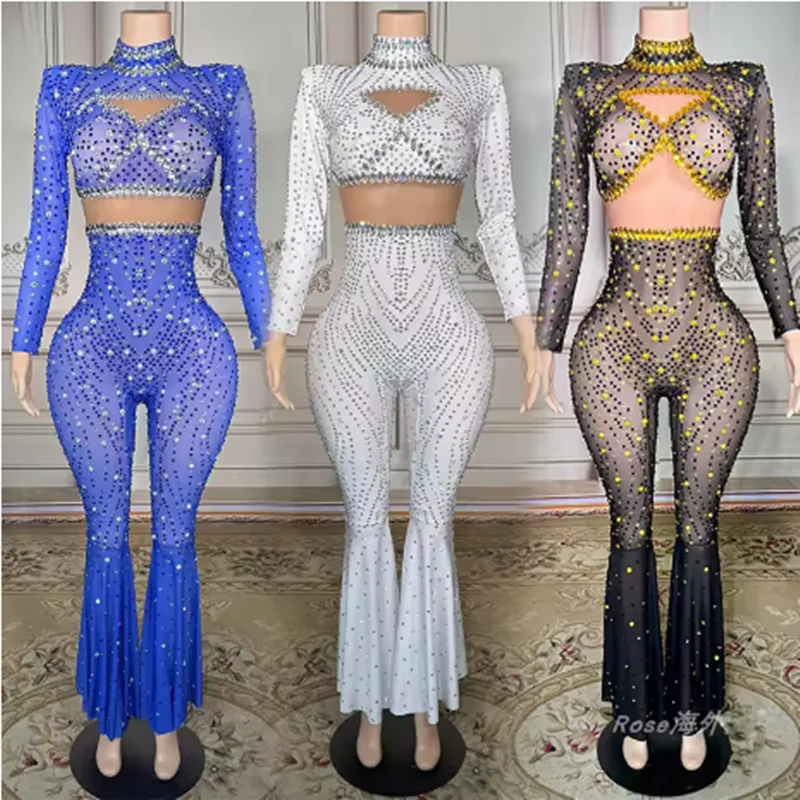 

White Long Sleeve Rhinestone Bodysuit Singer Showgirl Performance Outfit Nightclub Gogo Dance Costume Party Show Clothing yj307