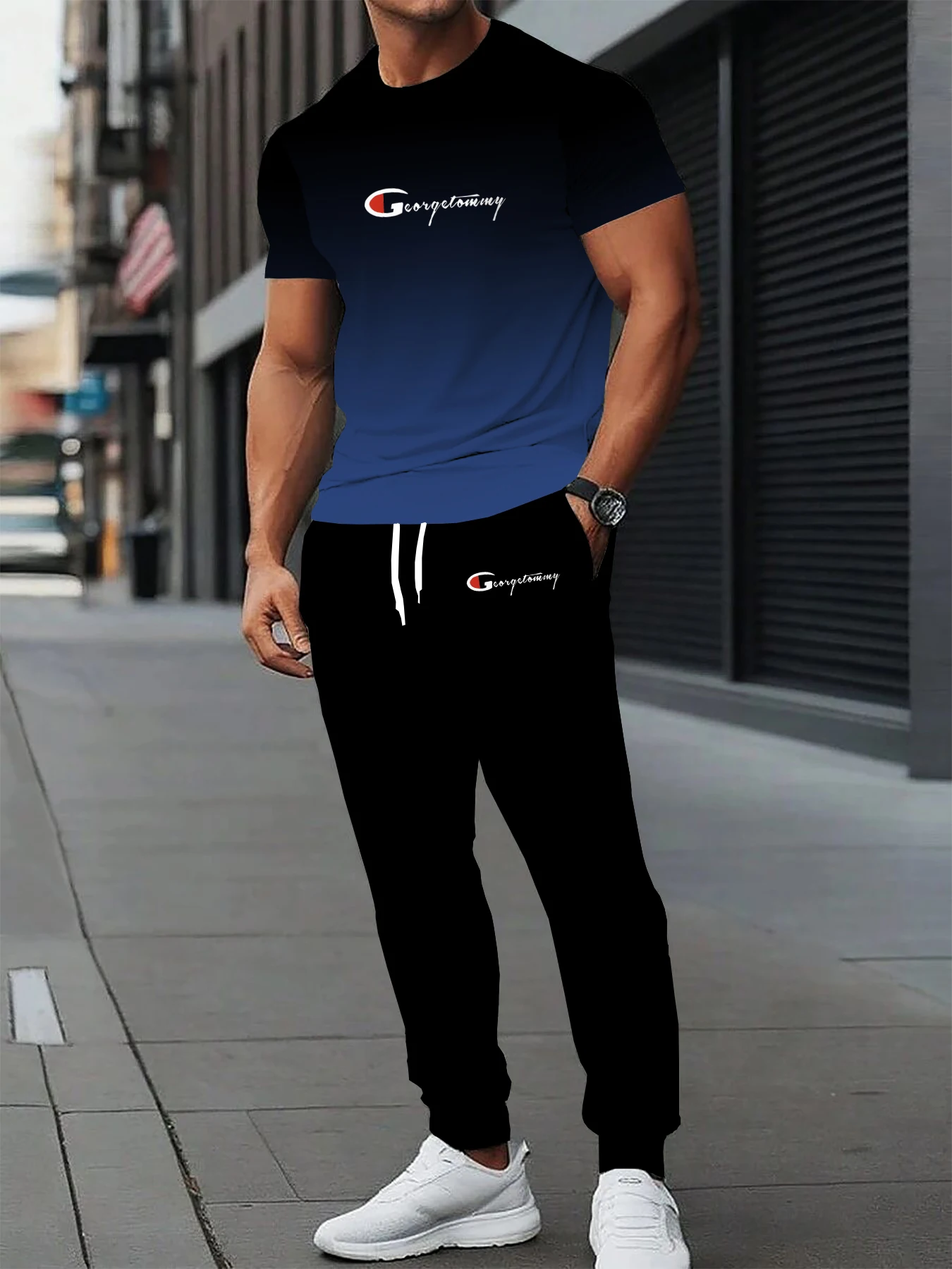 

Summer men's short sleeved T-shirt long pants 2-piece set with letter print soft and comfortable casual sports men's clothing