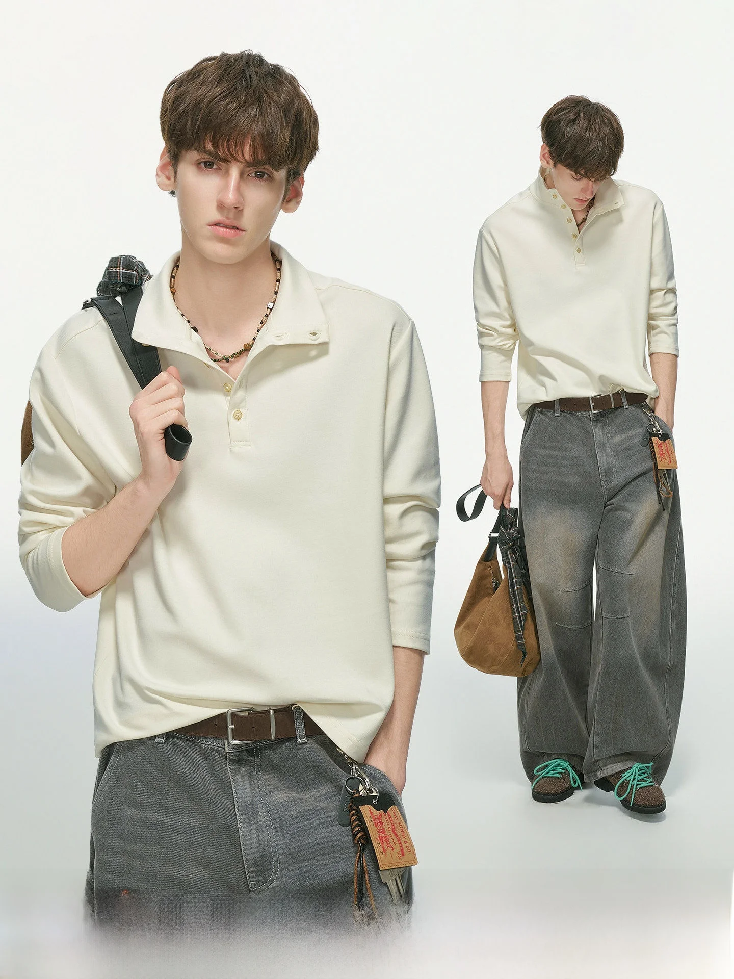 Dream Made Long Sleeve Men's T-shirt Button up Casual Commute Style Inner Wear Base Shirt Multi-Form Fit Cotton Blend