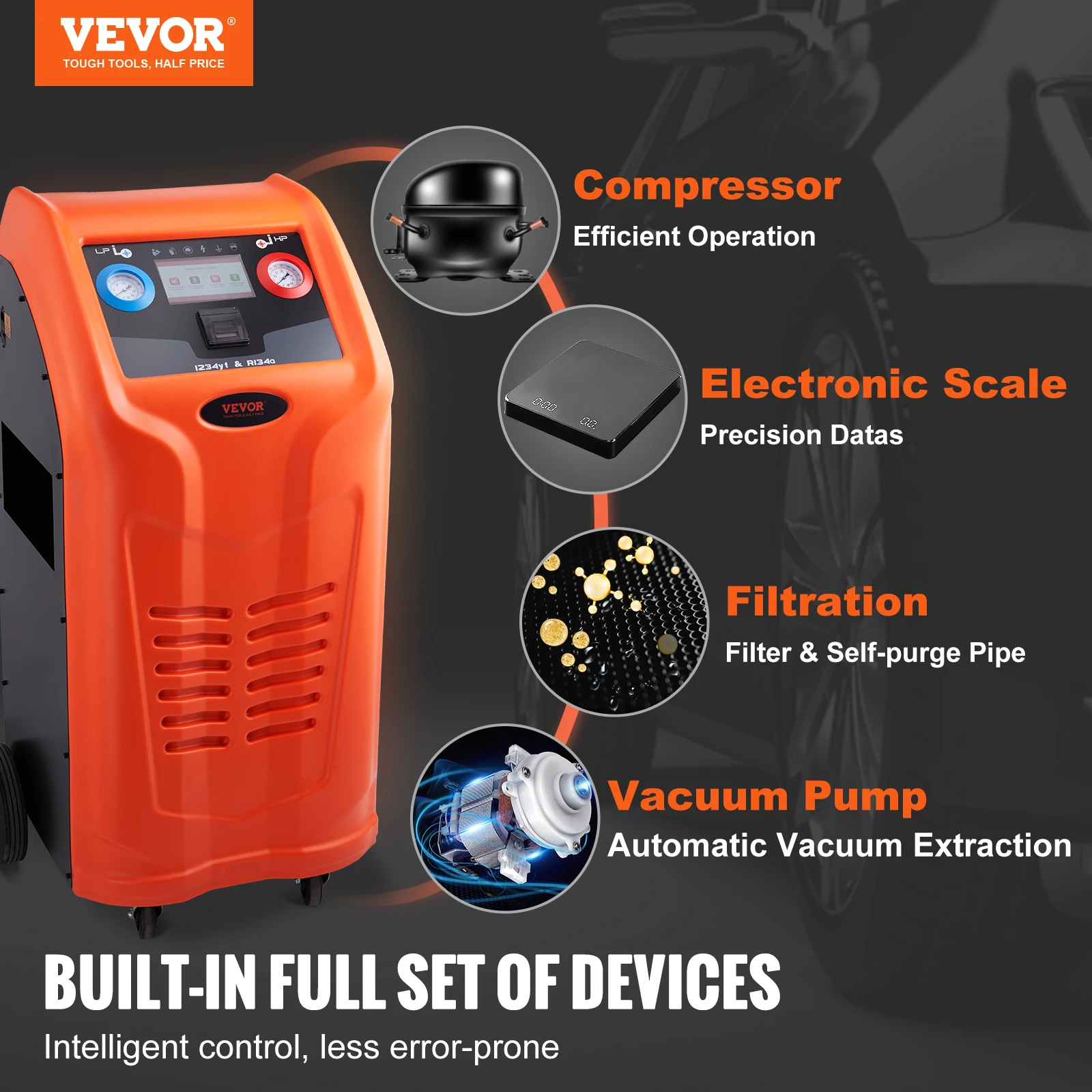 VEVOR Fully Automatic Refrigerant Recovery Machine - Dual Cylinder AC Recovery Machine Kit Built in Compressor/Electronic Scale