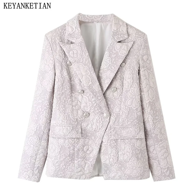 

KEYANKETIAN 2024 New Launch Women's Textured Jacquard Suit Elegant Stylish Double Breasted Slim Short Outerwear Female Blazer